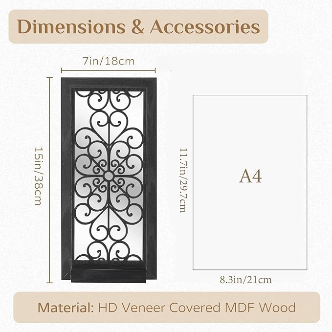 Gothic Candle Sconces Mirror Wall Decor - Black Halloween Art Mirrored Wall Candle Holder Decorative Set of Two Wood Vintage Small Hanging Shelves for Farmhouse Living Room Kitchen Bedroom