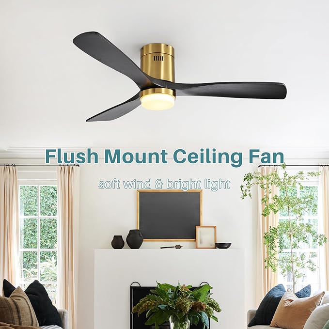 Sofucor Ceiling Fan with Lights-52 Inch Flush Mount Ceiling Fan with Light and Remote Control, Low Profile Wood Blades Modern Outdoor Ceiling Fans for Bedroom/Farmhouse/Patio/Indoor, Quiet DC Motor