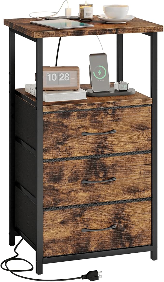 Fixwal Night Stand with 3 Fabric Drawers, Nightstand for Bedroom, Bedside Table with Charging Station End Table with Storage, Rustic Brown