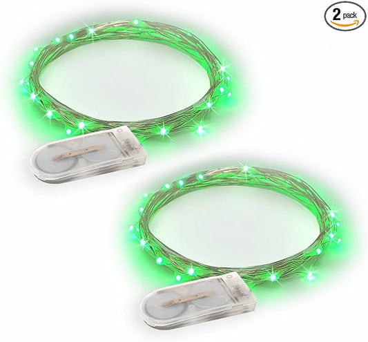 2 Sets 20 LEDs Green Color String Lights Silver Wire Indoor and Outdoor 6.5 Feet Firefly Starry Fairy Lights Battery Powered for DIY, Christmas, Holidays, Party, Bedroom and Centerpieces