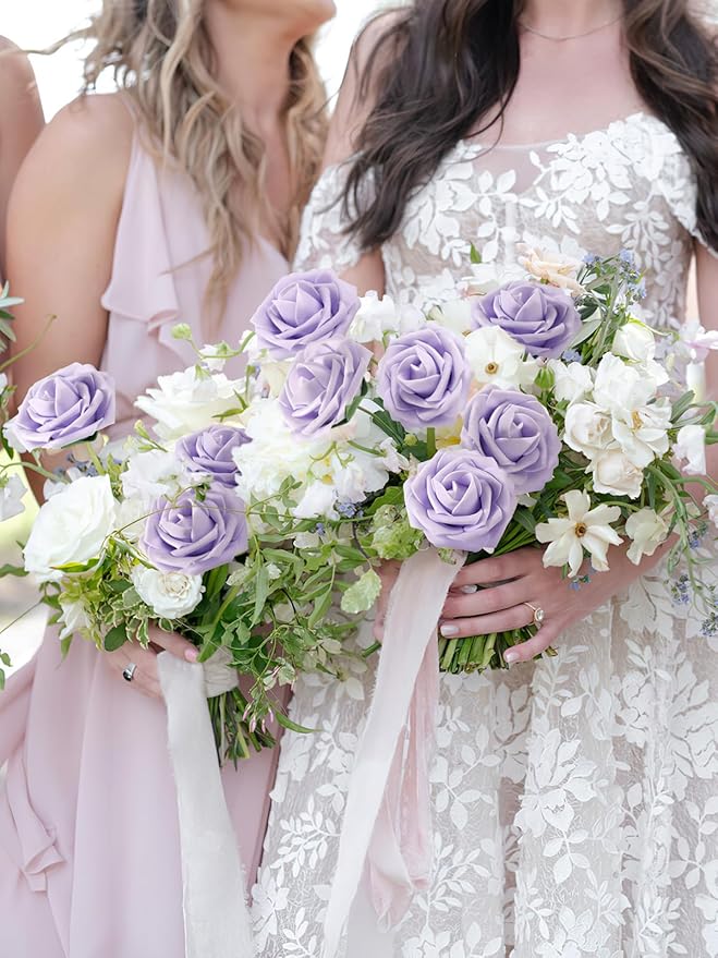 MACTING Artificial Lavender Flowers 30PCS Real Touch Fake Flowers with Stem Soft Foam Roses DIY Wedding Bouquet Boutonniere Table Centerpieces Party Spring Summer Home Decor