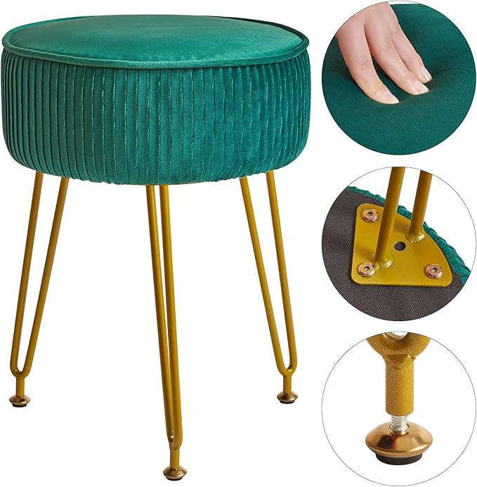 IBUYKE Velvet Round Footrest Stool Ottoman, Makeup Vanity Stool Side Table, Velvet Dressing Table Seat, Pouf Couch Stool, Golden Steel Legs, Green LG-30L