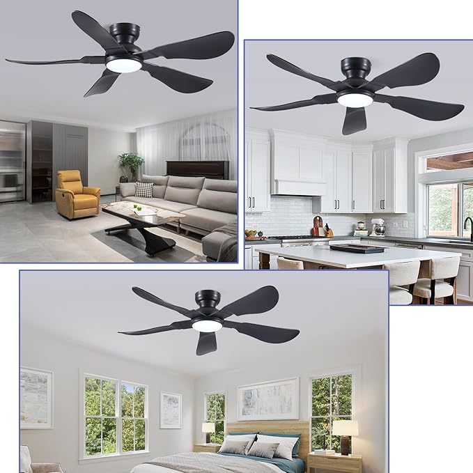 52 Inch Modern Ceiling Fans with Lights, Flush Mount Ceiling Fan with Light and Remote/APP Control, 5 Reversible 6 Speeds Curved Blades, 3 CCT Dimmable Lights for Bedroom, Black