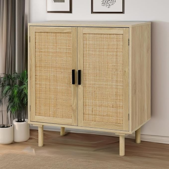Finnhomy Sideboard Buffet Cabinet, Kitchen Storage Sideboard with Rattan Decorated Doors, Liquor Coffee Buffet, Dining Room, Hallway, Console Table, Accent Cabinet, 31.5X 15.8X 34.6 Inches, Natural