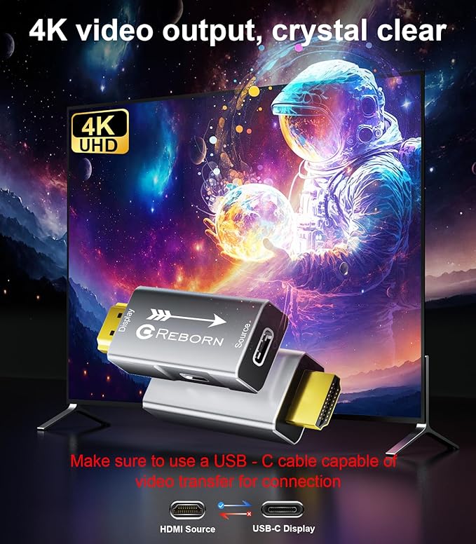 Reborn HDMI to USB C Adapter 4K 60Hz | Uni-Directional HDMI Source to Type-C Display Adapter for AR Glasses XREAL One、Air 2 Pro/VITURE Pro/RayNeo Air 2s/Rokid,PS5,Portable Monitors - 1 Pack