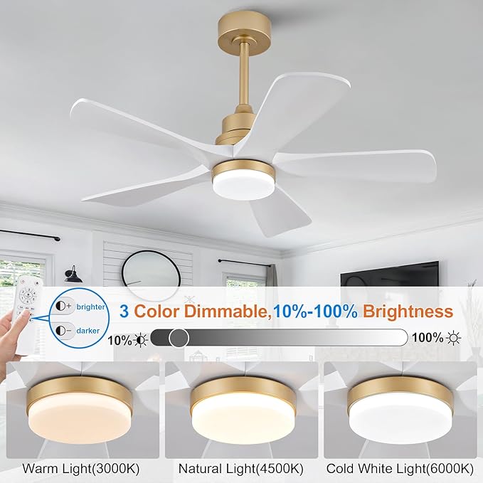 BOJUE 42 Inch Ceiling Fans with Lights and Remote Control, White Gold Ceiling Fan with Light for Bedroom, Noiseless DC Motor, Dimmable Led 5 Solid Wood Blades