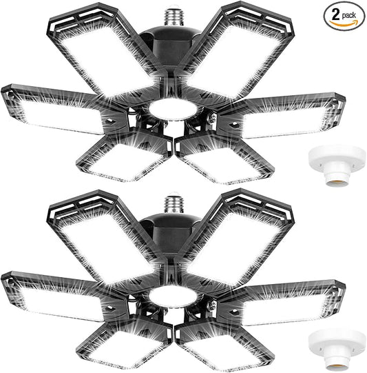 2 Pack LED Garage Lights 180W Deformable 18000LM Close to Ceiling Light Fixtures E26 E27 Screw-in Six Leaf Glow Lighting, Ultra Bright LED Shop Light with 6 Adjustable Panels for Work Shop Warehouse