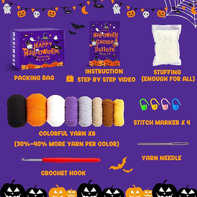 MAGIMUSE Crochet Kit for Beginners Crochet Starter Kits for Halloween Amigurumi Knitting Crochet Animals Kits Hooks Yarn Set with Step-by-Step Video Tutorials, 3 Halloween Gnomes (40%+ Yarn)