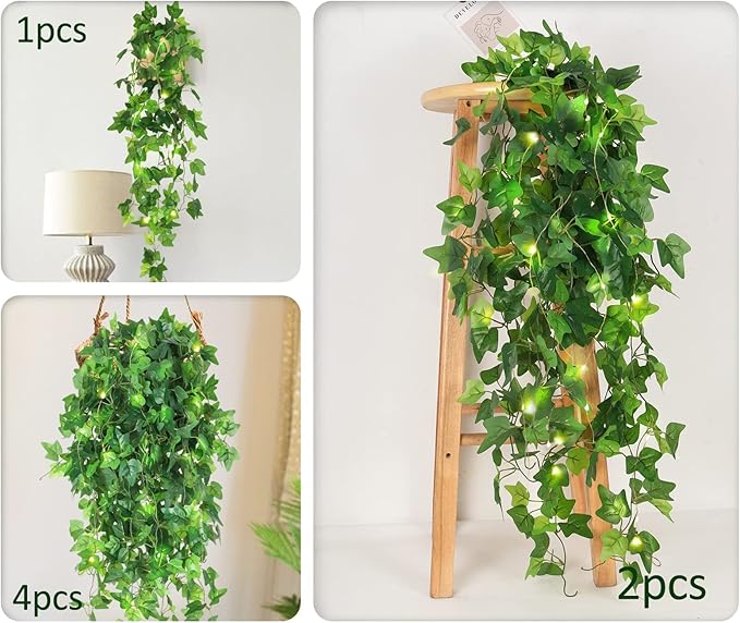 RECUTMS Hanging Fake Plants 4 Pack Artificial Vines Silk Ivy Greenery Garland with 30 LED Fairy String Lights Indoor and Outdoor Home Garden Hotel Green Leaves Wedding Bedroom Office Decoration
