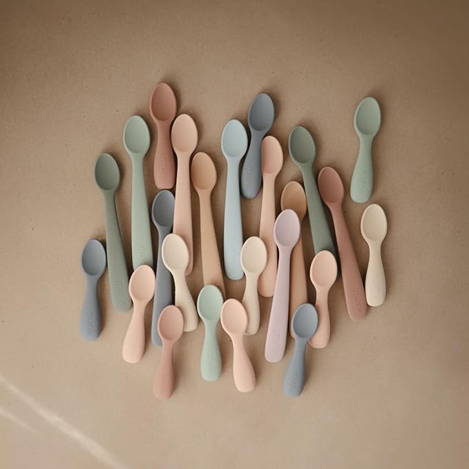 mushie Silicone Toddler Starter Spoons | 2 Pack (Cambridge Blue/Shifting Sand)