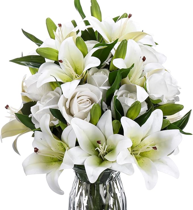 Hotop 20 Pcs Artificial Flowers Velvet Realistic Roses and Latex Lilies Flowers Bouquet Decorations Arrangements for Home Table Centerpieces Independence Day(White, White)