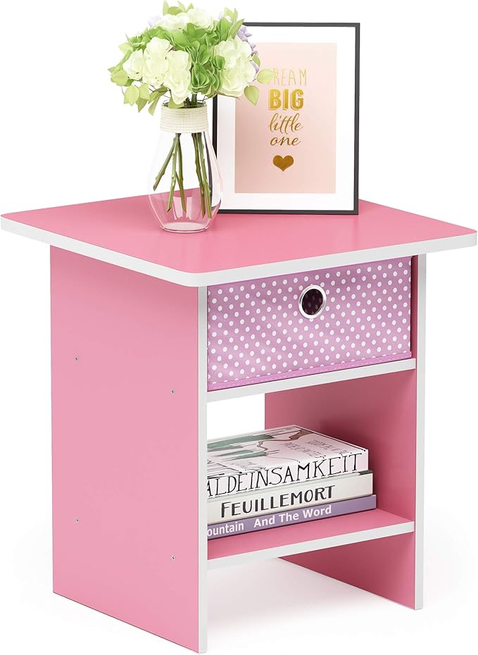 Furinno Dario End Table / Side Table / Night Stand / Bedside Table with Bin Drawer, 1-Pack, Pink/Light Pink