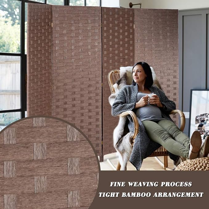 FDW Room Divider 4 Panel mesh Woven Design Room Divider Wooden Folding Portable partition Screen Wood for Home, Brown