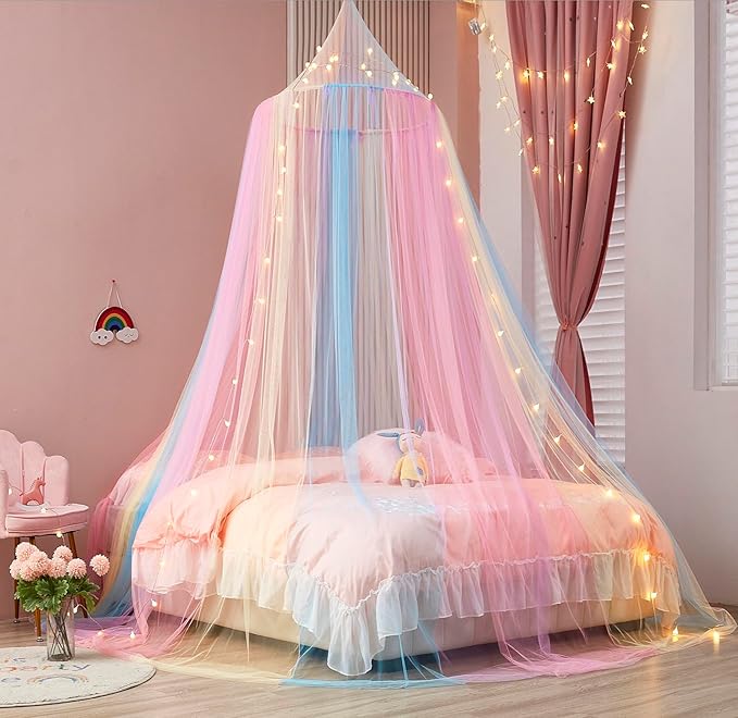 Rainbow Bed Canopy with Lights - Mosquito Netting for Twin, Single, Full, Queen & King Size Beds - Decor for Girls' Rooms