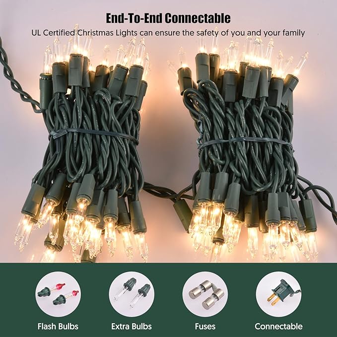 Christmas Lights Clear White 2 Pack Total 200 Count Incandescent Lights UL Certified Connectable Christmas Tree Lights with Green Wires for Indoor Outdoor Xmas, Wedding, Holiday, Home Decorations
