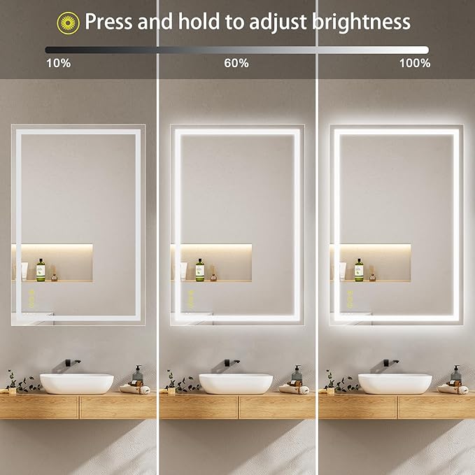 24x36Inch LED Mirror for Bathroom Anti-Fog 3 Colors Dimmable Lighted Mirror Wall Mounted Bathroom Mirror with Lights Horizontal/Vertical Smart Bathroom Mirror