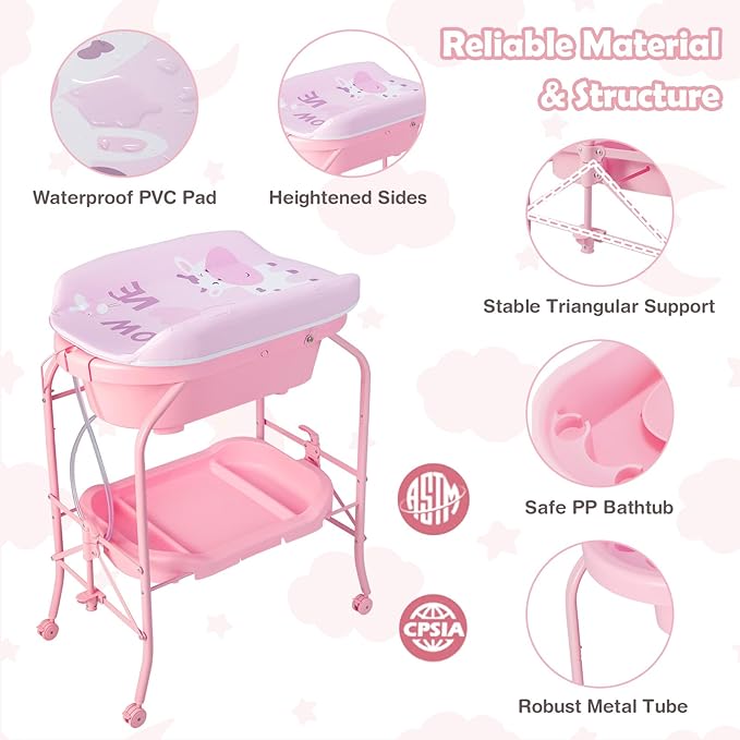 HONEY JOY Baby Changing Table with Bathtub, Foldable Infant Diaper Changing Station with Wheels, Storage Tray, Waterproof Pad, Portable Newborn Nursery Organizer Bath Stand for Boys Girls (Pink)