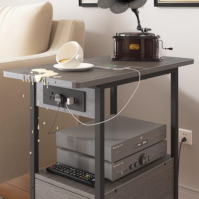 LIDYUK End Table with Charging Station, Narrow Side Table with Drawer and USB Ports & Power Outlets, Nightstand Bedside Tables for Small Spaces, Bedroom, Living Room, Dark Grey, Set of 2