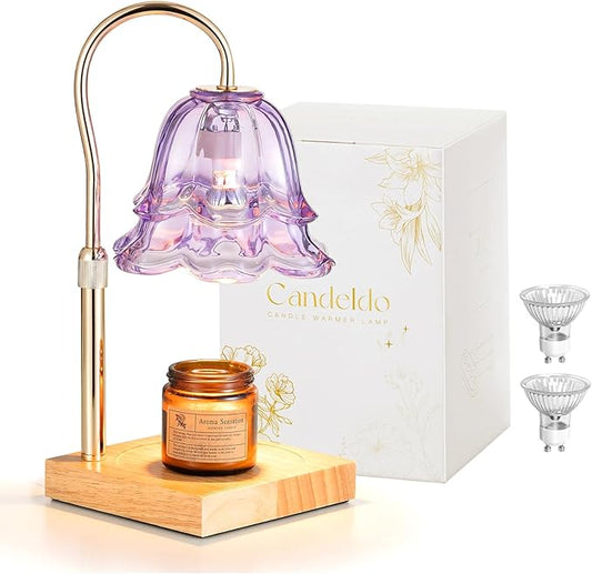 Candle Warmer Lamp with Timer: Purple Flower Candle Warming Lamp with 2 Bulbs Height Adjustable Wax Warmer Dimmable Bedroom Decor Mothers Day Gift for Women