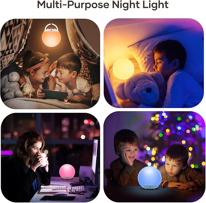 Night Light for Kids, USB Rechargeable Beside Lamp with Dimmable,Warm Light,7 Colors Changing,Touch Control, 0.5/1Hour Timer for Nursery, Baby,Bedroom,Camping