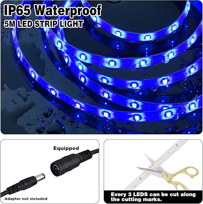 iNextStation 12V LED Light Strip IP65 Waterproof Blue LED Strip Lights 16.4ft/5m Cuttable 300 SMD 2835 LED Tape Flexible Led Lights for Bedroom Outdoor Indoor Decor (Power Adapter not Included)