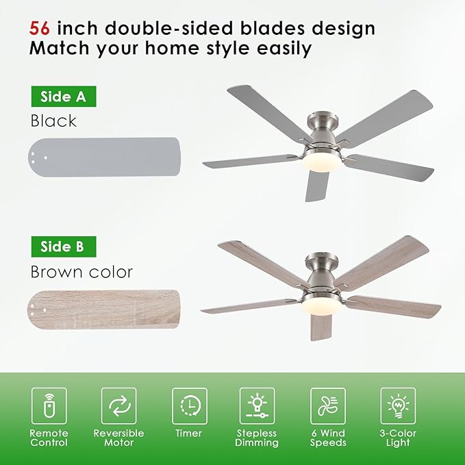 Ceiling Fans with Lights, 56" Flush Mount Ceiling Fan with Light and Remote/APP Control, Low Profile, Modern Ceiling Fan Reversible, Dimmable, Noiseless, Brushed Nickel for Bedroom
