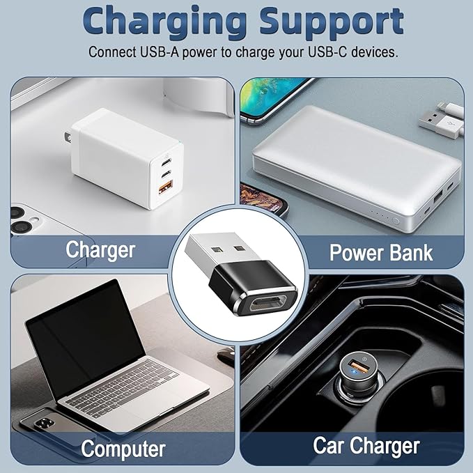 Herfair USB to USB C Adapter 5 Pack, USBC Female to A Male Car Charger Type-C Converter for iPhone 16 15 14 13 12 Plus iWatch Airpods Switch Laptop Computer and More (Black)