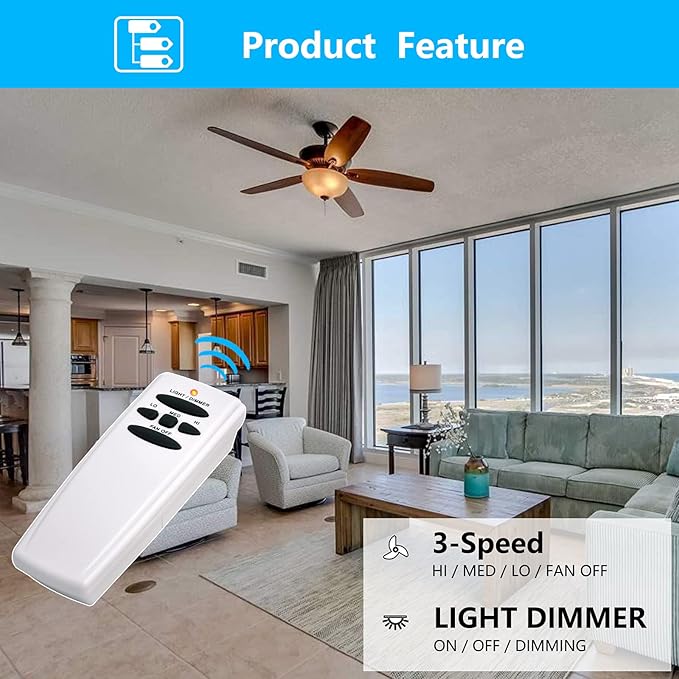 Fan-HD Ceiling Fan Remote Control Replacement for Hampton Bay Hunter, 303.9MHz Light Dimmer w/ 3-Speed, Replace for UC7078T CHQ7078T CHQ8BT7078T L3H2014FANHD L3H2010FANHD HD5(Remote Only)