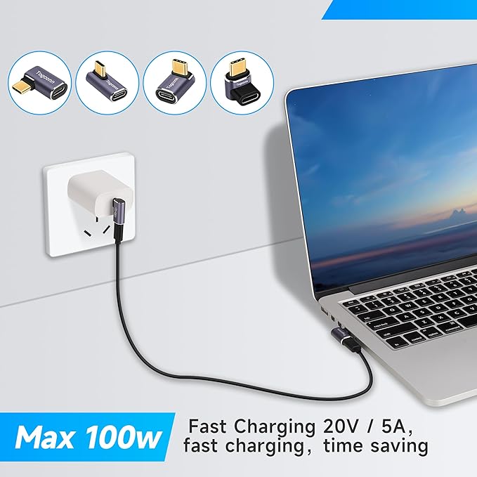 90 Degree Right Angle USB C Adapter (4 Pack), USB Type-C Male to Female Extender Connector, 40Gbps, 8K@60Hz Compatible with MacBook Pro/Air, iPhone 15/15 Pro Max, iPad Pro, Tablet, Phone, More