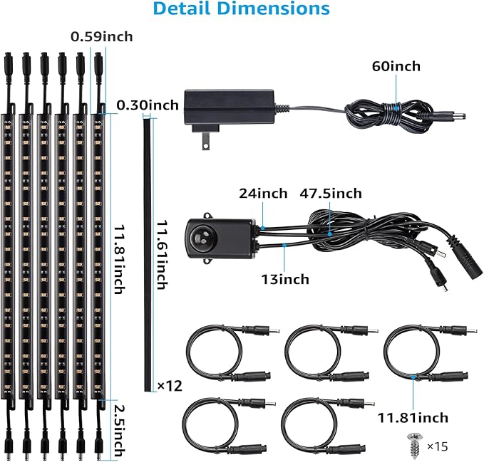 TORCHSTAR LED Safe Lighting Kit, (6) 12 Inch Linkable Light Bars + Motion Sensor + UL Power Adapter, 900LM, Input 100-240V, for Under Cabinet Gun Safe Locker Closet Showcase, 3000K Warm White
