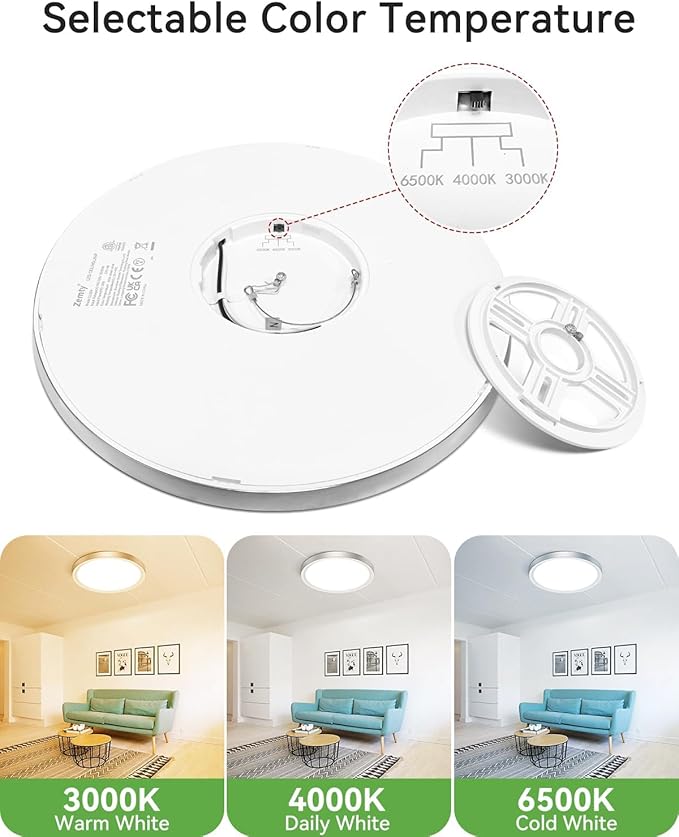 zemty LED Ceiling Light Brushed Nickel - 12In 28W Silver Round Flat Light Fixture with 3 Color Temperature 3000K/4500K/6000K - 3200lm Flush Mount Ceiling Light for Kitchen Bathroom Shower,6 Pack