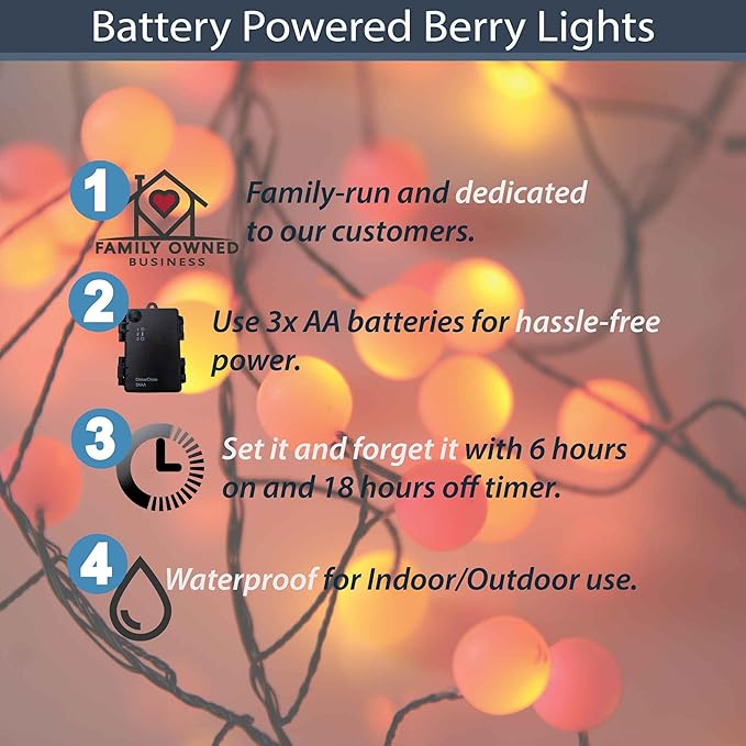 QBIS 40 LED Berry Cluster Lights - Red, Orange & Yellow Battery Powered Christmas Lights with Timer, String Lighting Perfect for Christmas, Fall and Fireplace Cozy Lighting. Indoor and Outdoor use.