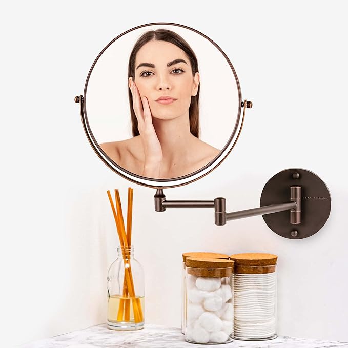 OVENTE 9" Wall Mounted Makeup Mirror with 1X/10X Magnification, Double Sided Magnifying Round Bathroom Vanity Mirror, 360° Swivel Design, Extendable and Folding Arm, Antique Bronze MNLFW90ABZ1X10X