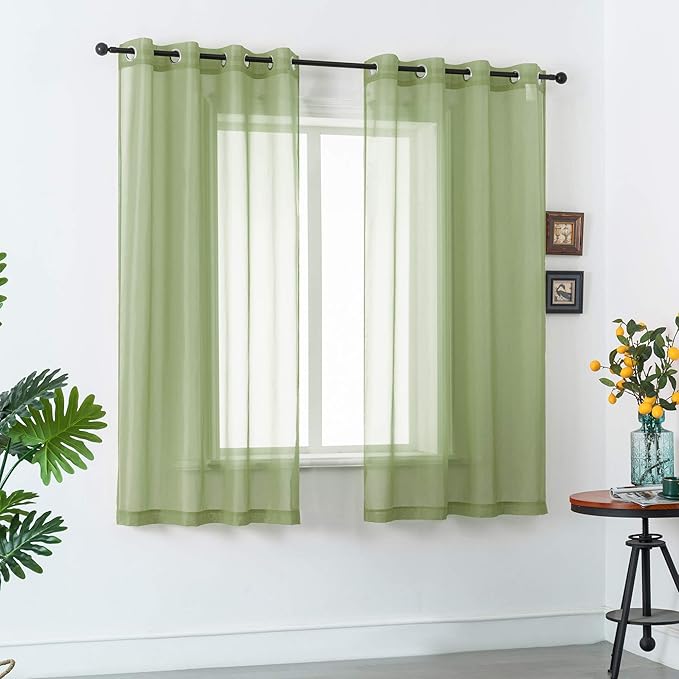 DUALIFE Sage Green Sheer Curtains 45 Inch Length for Kitchen Window 2 Panels Set Home Decoration Spring Window Treatments for Living Room Bathroom Dining Room St Patric Day Decor 52X45 Inhces Long