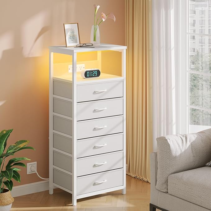 Seventable Night Stand with Charging Station, Tall Nightstand with 6 Fabric Storage Drawers, Side Table with LED Light for Bedroom, Entryway, White