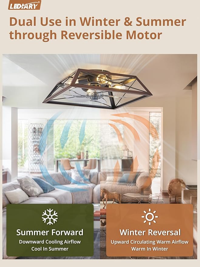 LEDIARY Ceiling Fan with Light, 24 Inch Farmhouse Caged Flush Mount, Low Profile Fan Light Fixture, Small Industrial Rustic Ceiling Fan with Remote