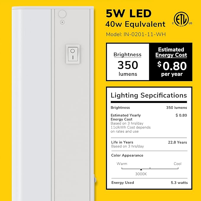 GETINLIGHT 12-inch Hardwired Only LED Under Cabinet Lighting, Soft White(3000K), Dimmable, Matte White Finished, ETL Listed, IN-0201-11-WH