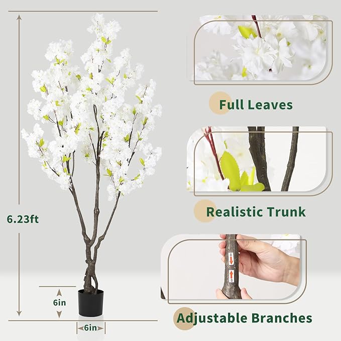 Artificial White Cherry Blossom Tree 6ft(74in) Faux White Flower Tree Indoor Decor Handmade Natural Fake Cherry Tree for Wedding Realistic Cherry Blossom Plant for Home,Living Room,Office Decor