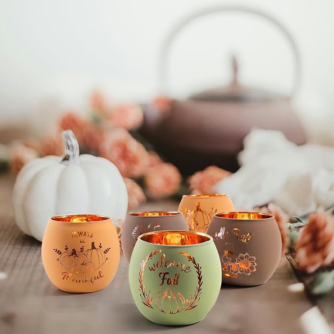 SHMILMH Fall Table Centerpiece Decorations Set of 12 Glass Votive Tealight Candle Holder for Wedding, Party, Thanksgiving, Fall Decor for Indoor and Outdoor