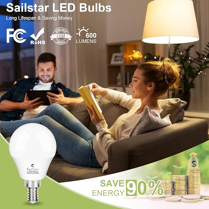 Sailstar Ceiling Fan Light Bulbs, E12 LED Bulb 60W Equivalent, Neutral White 4000K, 600 Lumens, A15 Small Candelabra Base LED Light Bulbs 6W, CRI 85, Non-dimmable, Pack of 6