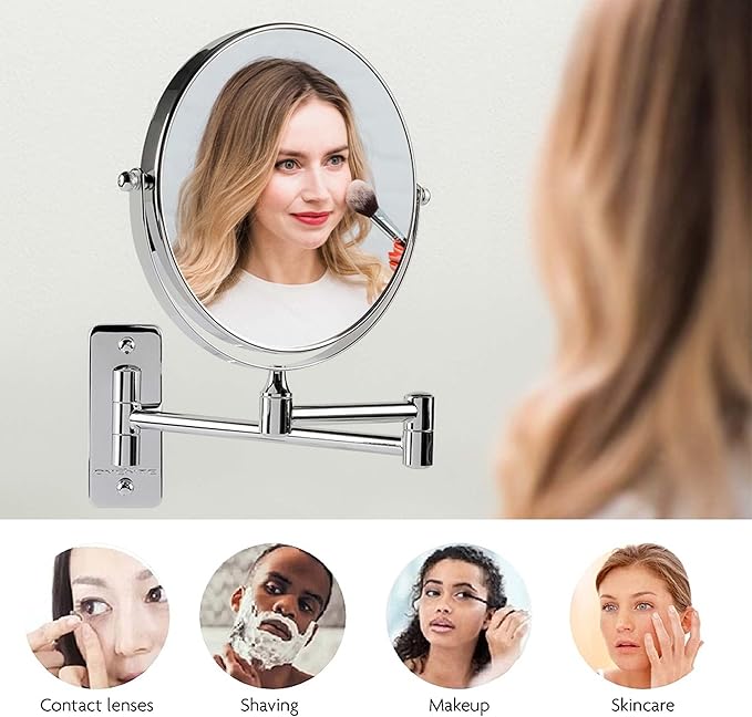 OVENTE 7" Wall Mounted Makeup Mirror with 1X/7X Magnification, Double Sided Magnifying Round Bathroom Vanity Mirror, 360° Swivel Design, Extendable and Folding Arm, Polished Chrome MNLFW70CH1X7X