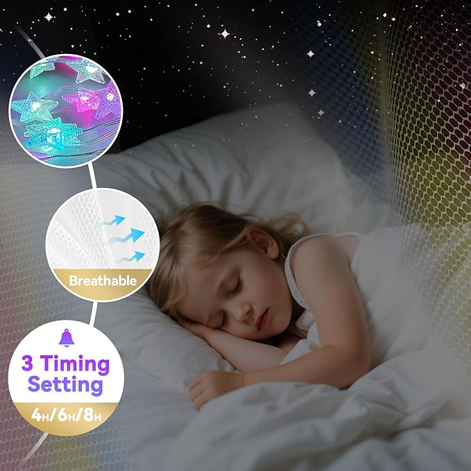 Obrecis Rainbow Bed Canopy for Girls, Princess Canopy Bed Curtains with 24 Colors Star Lights,Twin Bed Canopy Fits Single, Twin, Full, Queen Size Kids Bed