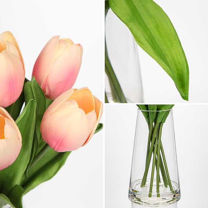 Fake Tulips Artificial Tulip Flowers in Glass Vase with Faux Water, 14.2" Real Touch Peach Tulip Flowers Spring Décor for Table Centerpiece Home Farmhouse Resto Wedding Decoration