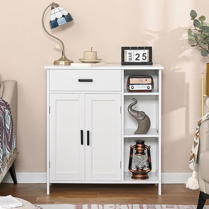 WEENFON Bathroom Cabinet, Floor Storage Cabinet with Doors and Shelves, Coffee Bar Cabinets with Drawer, for Living Room, Bathroom, Kitchen, White