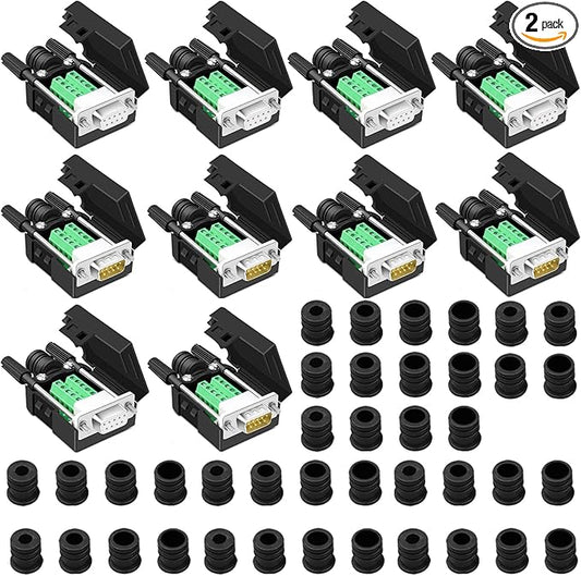 10PCS DB9 Breakout Connector, 5PCS Male + 5PCS Female DB9 Solderless RS232 D-SUB Serial to 9-pin Port Terminal Adapter Connector Breakout Board with Case Long Bolts Tail Pipe