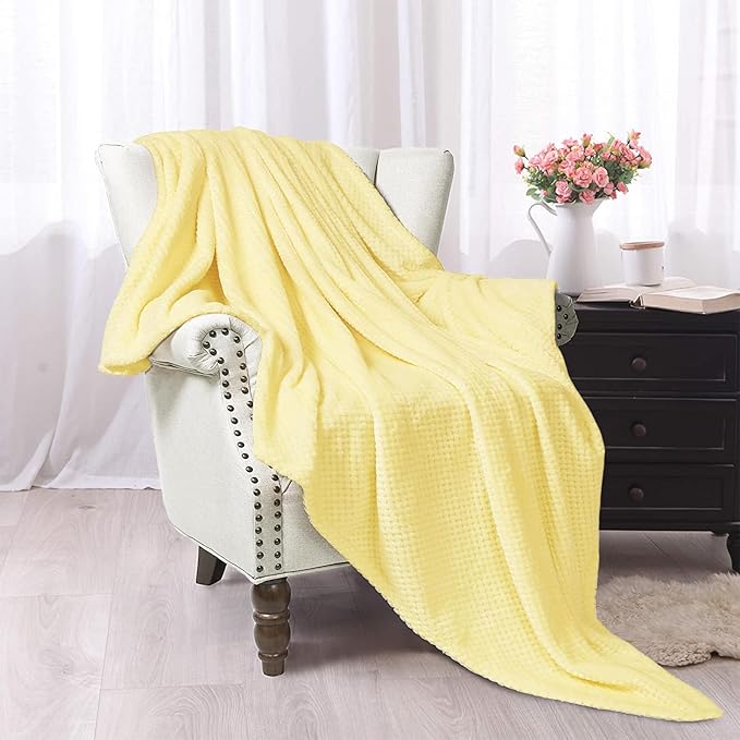 Exclusivo Mezcla Fleece Throw Blanket Extra Large, Super Soft and Warm Blankets for Couch, Sofa and Bed Waffle Textured, Cozy, Fuzzy and Lightweight (Light Yellow, 50x70 Inches)