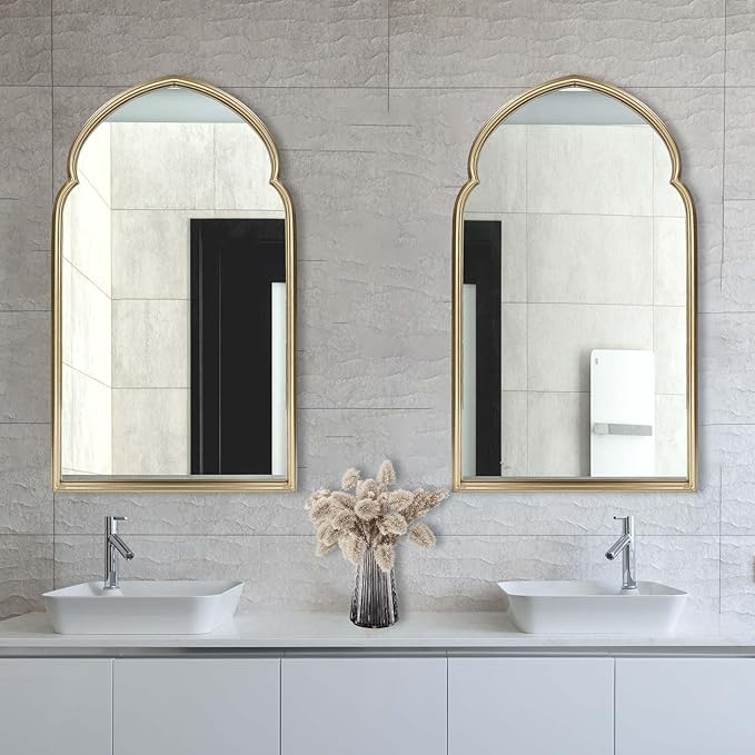 ironsmithn Arched Wall Mirror, Gold Bathroom Mirror, Wall Mounted Decorative Mirror, 38" x 22" Modern Art Oblong Mirror for Master Bath Half Bath Living Room Bedroom Fireplace Entryway
