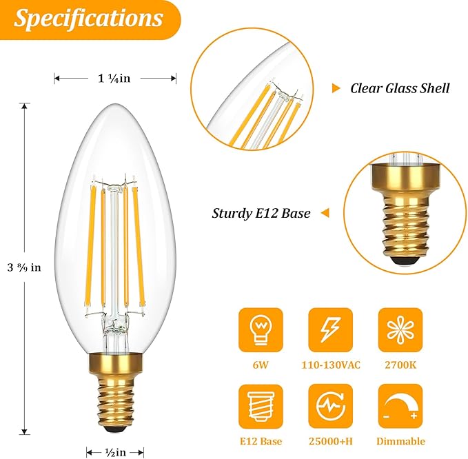 Brightever E12 Candelabra LED Light Bulbs 60W Equivalent, 2700K Soft White, 620Lumens 6W LED Chandelier Bulb, B11 Filament Clear Candle Light Bulbs Dimmable, Pack of 12 Small Base Bulbs