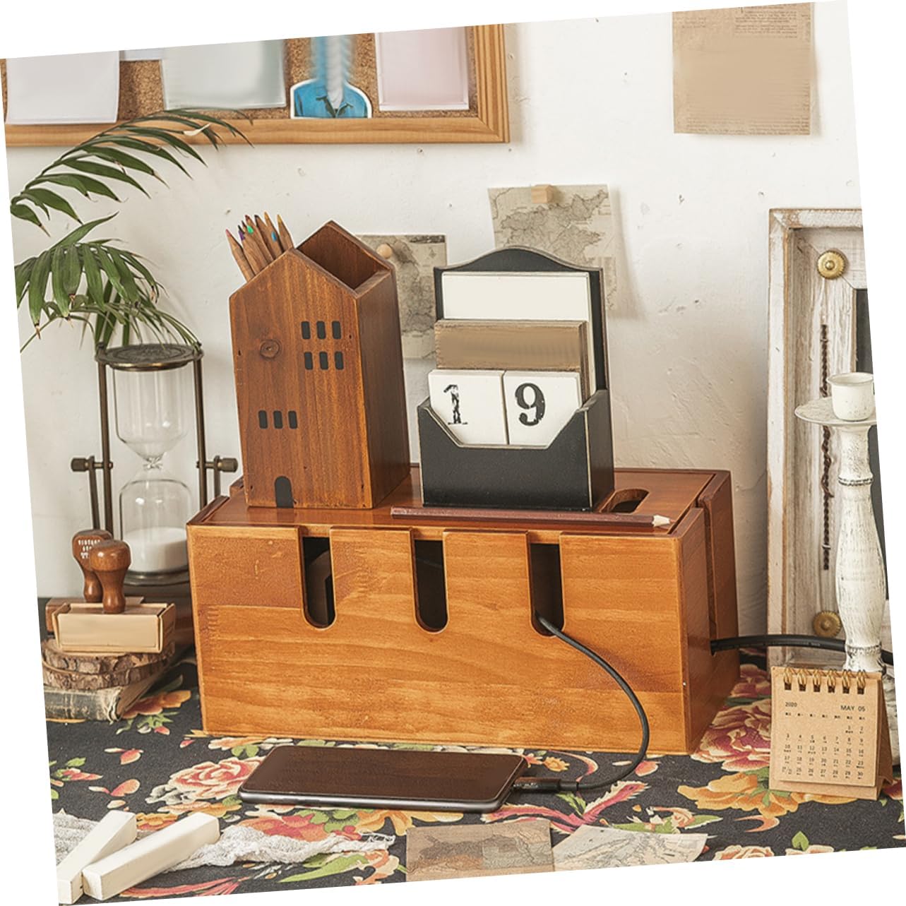 Zerodeko Wooden Cable Management Box, Cord Organizer for Phone Charger, Wire Organizer Container, Desk WiFi Storage Rack