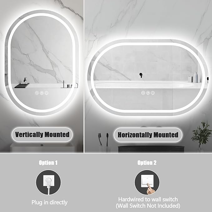 Oval LED Bathroom Mirror with Light 40" x 30", Oval Lighted Mirror for Bathroom,Pill-Shaped Frameless Oval Bathroom Mirror with Light,3 Color,Dimmable,Anti-Fog(Horizontal/Vertical)
